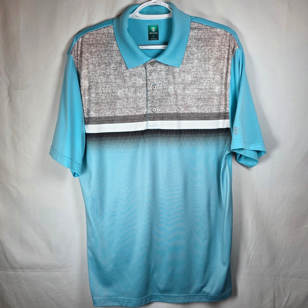 Pro Tour Golf Polo Mens Large Blue Heathered Stripe Short Sleeve Shirt BK1511